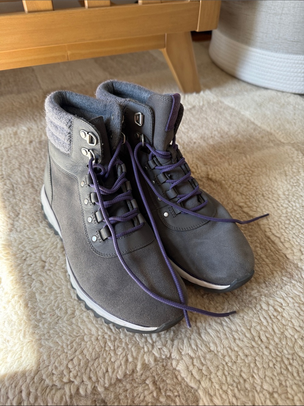Cole Haan GrandExplore Gray Suede Lace-Up Ankle Boots with Purple Laces size 8.5